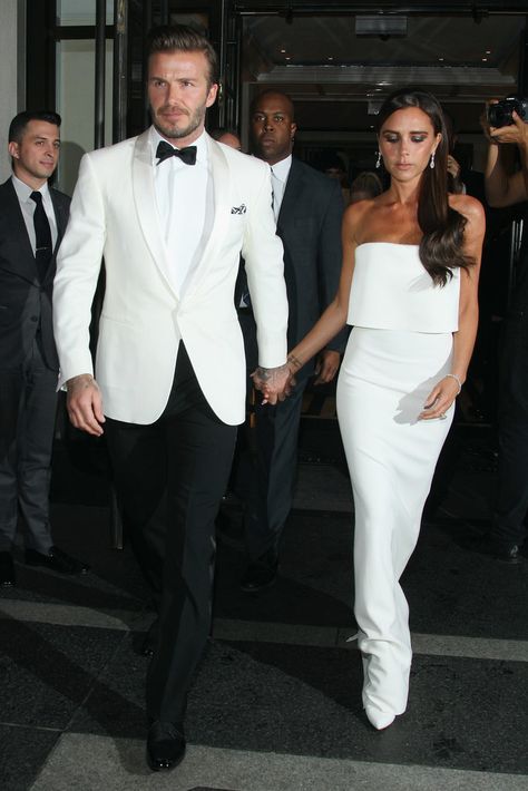 Victoria and David Beckham Are a Picture-Perfect Met Gala Couple: Victoria Beckham had her husband, David Beckham, by her side when she arrived at the 2014 Met Gala in NYC on Monday, and they even shared a kiss on the red carpet. White Tux, Victoria And David, Wedding Tux, Groom Wedding Attire, David And Victoria Beckham, Beckham Style, Dressed In White, White Tuxedo, Wedding Suits Groom