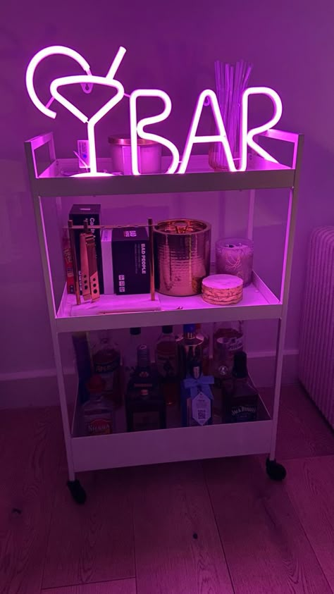 Bar Cart For Apartment, Woman Cave Basement, Frat House Aesthetic Decor, Woman Cave Aesthetic, College Basement Ideas, Girl Cave Room Ideas, Cool Kitchen Decor, Vibey Apartment Kitchen, Woman Cave Ideas Bedrooms