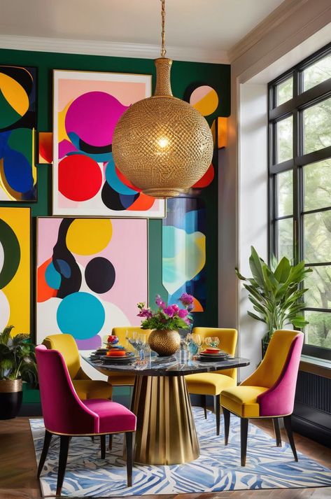 Embrace the bold and beautiful in this maximalist dining space, where vibrant art and unique lighting take center stage. With large windows offering a garden view, this room is a haven for those who love eclectic, eccentric kitchen designs and bohemian vibes. 🌿🖌️ Eccentric Kitchen, Dining Room Glam, Maximalism Interior, Maximalist Kitchen, Unique Dining Room, Maximalist Design, Bohemian Vibes, Deco Originale, Estilo Art Deco