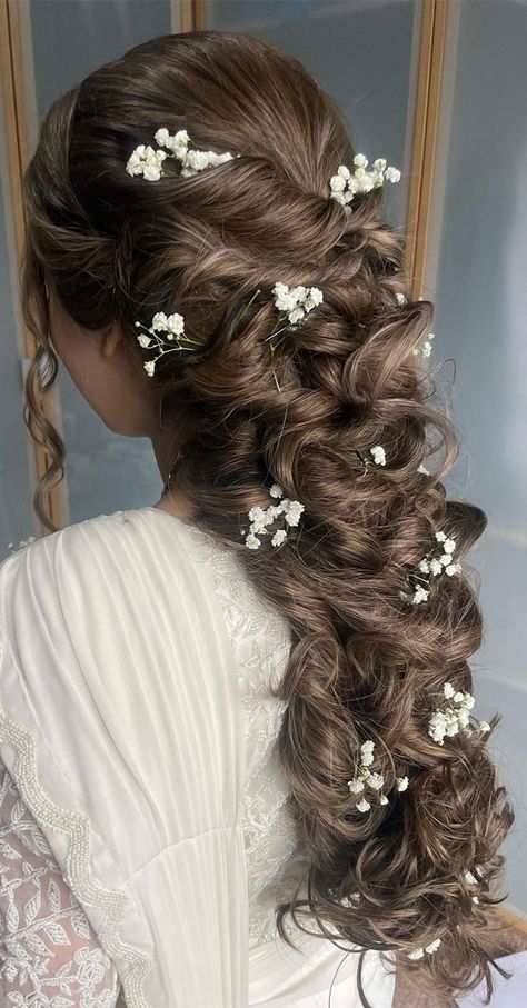 curly elsa braids, mermaid braids, Rapunzel braids, boho braids, mermaid downstyle, boho bridal hairstyle, wedding hairstyle Bridal Hairstyles With Braids Half Up, Dreamy Bridal Hair, Cute Floral Hairstyles, Hairstyles Braids For Wedding, Quince Hairstyles Braids, Braided Ponytail With Pearls, Braid Hairstyles For Bride, Bridal Mermaid Hair, Floral Braided Hairstyles