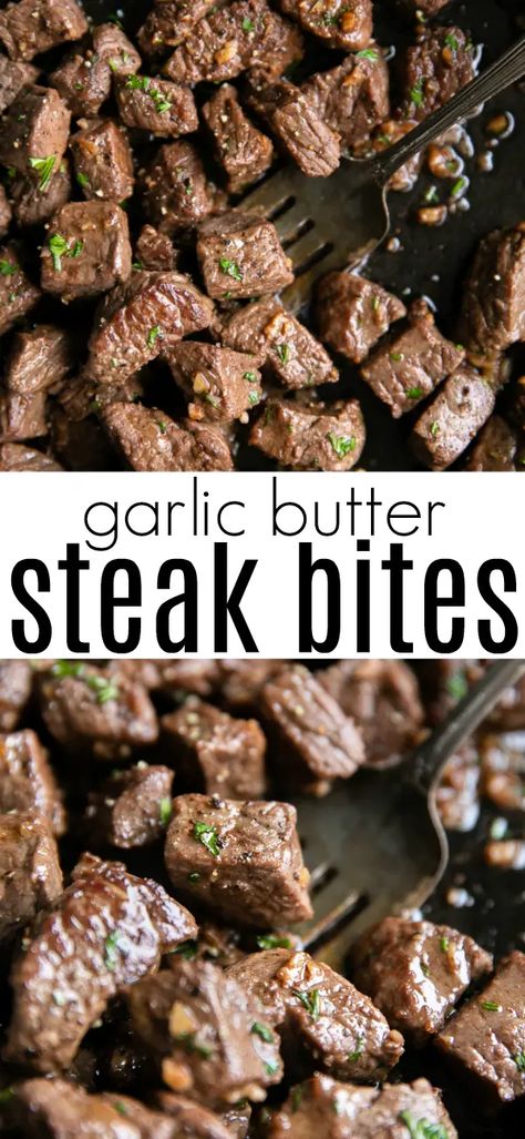 Cooked in a delicious garlic butter sauce, these tender Steak Bites are made with sirloin steak for juicy, mouthwatering bite-size pieces every time! Enjoy these garlic butter steak bites for an easy, low-carb snack or with your favorite sides for a fast and simple weeknight dinner. Steak Bites In Crockpot, Blueberry Muffin Recipe Easy, Garlic Butter Steak Bites, Butter Steak Bites, Steak Bites Recipe, Easy Crepe Recipe, Butter Steak, Tender Steak, Make French Toast