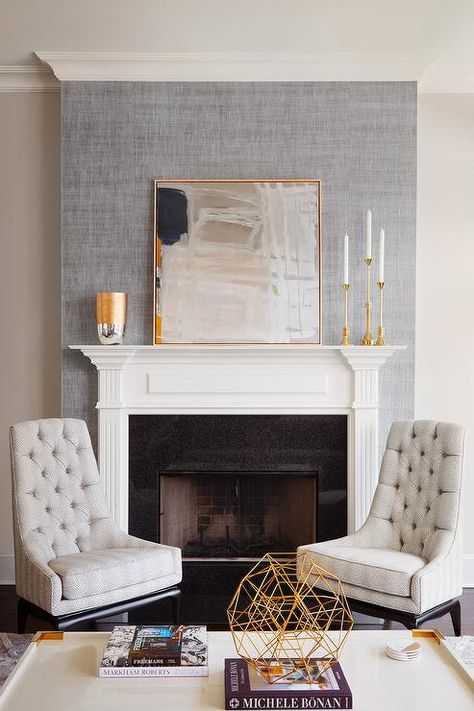 Wallpaper Livingroom, Andersonville Chicago, Fireplace Accent Wall, Furniture Textiles, Wallpaper Fireplace, Fireplace Accent Walls, White Mantel, Textiles Design, Wallpaper Macbook