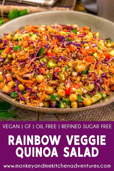 This colorful Rainbow Veggie Quinoa Salad is a delightful blend of quinoa and veggies, all tossed in a tasty Asian-inspired peanut dressing. #wholefoodplantbased #vegan #oilfree #glutenfree #plantbased | monkeyandmekitchenadventures.com Plant Based Foods List, Vegan Salad Bowl, Veggie Quinoa Salad, Veggie Quinoa, Monkey And Me Kitchen Adventures, Monkey And Me, Vegan Quinoa Salad, Oil Free Vegan Recipes, Rainbow Salad