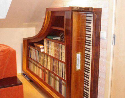 Piano bookcase - (another use for old pianos - man I need to get old pianos - I had no idea they were so versatile) Roland Piano, Oscar Peterson, Robert Schumann, Maurice Ravel, Old Piano, Johannes Brahms, Franz Schubert, Claude Debussy, Bill Evans