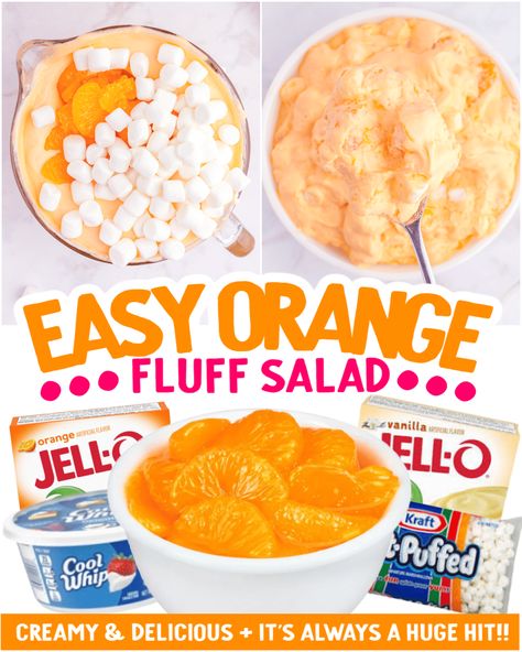 Combining orange jello, vanilla pudding, mandarin oranges, and marshmallows results in a delightful creamsicle-inspired Orange Fluff Salad that's sure to be a crowd-pleaser. Orange Stuff Dessert, Orange Gelatin Salad, Orange Jello Sherbet Salad, Orange Lush Dessert, Mandarin Orange Fruit Salad, Orange Marshmallow Fluff, Orange Fluff Jello Salad Recipe Instant Pudding, Orange Fruit Salad Mandarin, Mandarin Fluff Salad