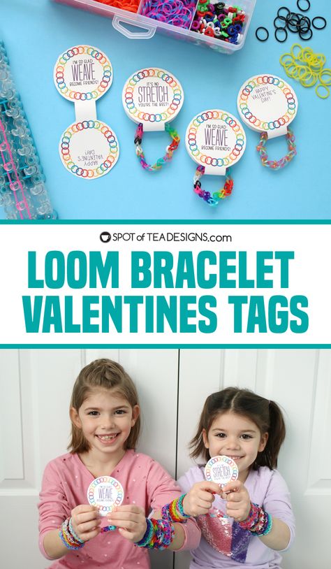 Loom Bracelet Valentine Tags | Spot of Tea Designs Loom Bracelet Valentine Cards, Rainbow Loom Valentines Ideas, Bracelet Valentines For Kids, Rainbow Loom Valentines, Bracelet Valentine Printable, Bracelet Tags, Valentines Class Party, Bracelet Valentines, Rainbow Loom Bands