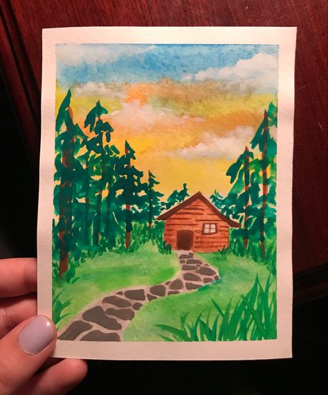 This cutesy cabin was super relaxing to paint and reminds me of good times up north! Cottage Drawing Simple, Watercolor Environment, Cottage Watercolor, Watercolor Negative Painting, Disney Canvas Art, Environment Painting, Simple Canvas Paintings, Diy Watercolor Painting, Oil Pastel Art