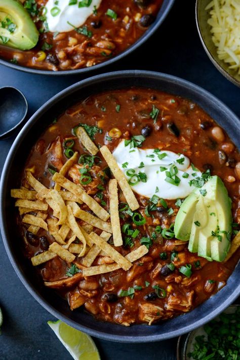 Southwest Chicken Chili - Simply Scratch Chicken Chili Stove Top, Southwest Chicken Chili Recipe, Tortilla Chili, Southwest Chicken Pasta, Southwest Chicken Chili, Southwest Chili, Homemade Refried Beans, Chili Chili, Tortilla Strips