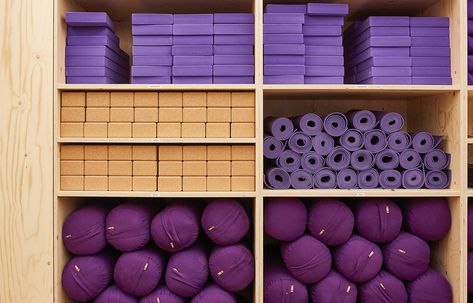 Yoga Studio Storage Ideas, Pilates Studio Storage, Yoga Center Design, Yoga Shed, Yoga Studio Interior, Yoga Storage, Prop Storage, Home Gym Inspiration, Studio Storage