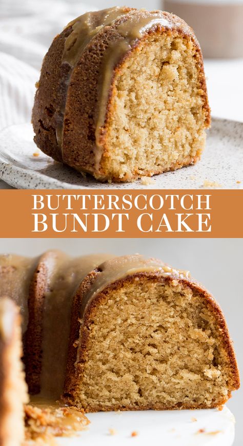 Butterscotch Bundt Cake features a homemade brown sugar sour cream cake drizzled with an easy from-scratch thick butterscotch icing! This recipe is the best fall dessert idea for a crowd! You'll love this recipe. #bundtcake #butterscotch #falldessert #fallrecipes Butterscotch Bundt Cake, Butterscotch Icing, Bundt Pan Recipes, Homemade Brown Sugar, Sour Cream Cake, Mini Bundt Cakes, Cake Recipes From Scratch, Bundt Cakes Recipes, Think Food