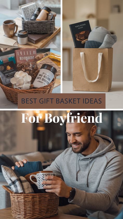 No matter your budget, you can create an amazing gift basket for him! This guide offers ideas for gift baskets ranging from simple and cheap DIY projects to chic and luxurious presents. Find creative, unique, and non-basic gifts for men of all ages, whether he's young, old, or middle-aged. Perfect for any special day or anniversary! #boyfriend #giftbasket #giftideas #diygifts #presents #him #male #boy #lover #adults #specialday #anniversary #simple #cheap #luxury #affordable #budget #creative #unique #nonbasic #guide #present #list Gift Basket Ideas For Him, Best Gift Basket Ideas, Ideas For Gift Baskets, Gift Basket For Him, Gift Basket Ideas For Boyfriend, Basket Ideas For Boyfriend, Cheap Diy Projects, Personalized Gift Baskets, Gift Baskets For Him