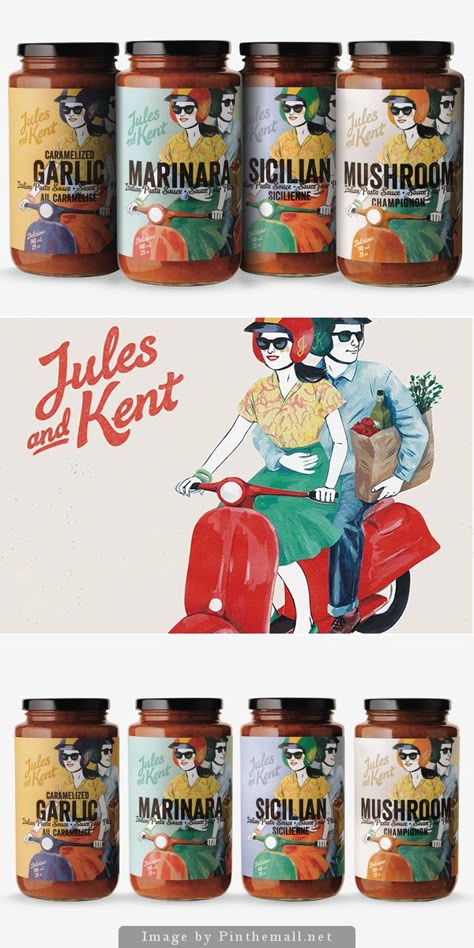 Jules and Kent Pasta Sauces #label #design | by Laurie Millotte Sauce Label Design, Italian Pasta Sauces, Hot Sauce Packaging, Jam Packaging, Spices Packaging, Jar Packaging, Pasta Sauces, Food Packaging Design, Packaged Food