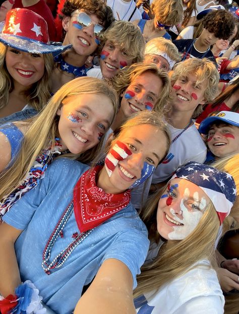 Usa Themed Outfits Football Games, American Themed Football Game Outfit, America Spirit Day, Usa Hoco Theme, Usa Theme Outfit Football Games Face Paint, Red White And Blue Spirit Week, School Colors Spirit Day, Usa School Spirit Day, Usa Pep Rally Outfits