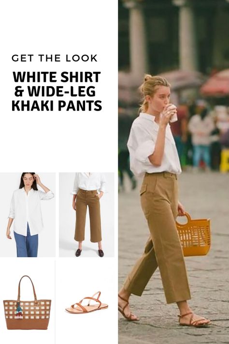 Get the look: white shirt and wide-leg khaki pants - Cheryl Shops Khaki Pants Outfit Women Casual, Khaki Pants Outfit Women, White Shirt Outfit, Palazzo Pants Outfit, Khaki Pants Outfit, Khakis Outfit, Khaki Pants Women, White Shirt Outfits, Leg Pants Outfit