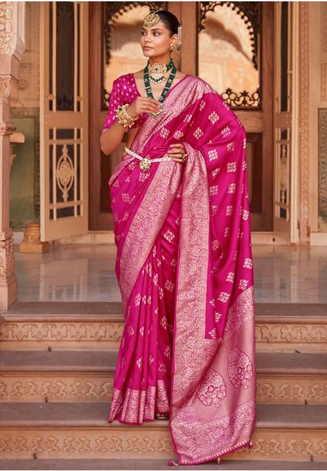 Raspberry Pink Woven Soft Silk Saree Pink Bollywood Silk Saree, Festive Pink Silk Pre-draped Saree, Pink Silk Bollywood Saree, Pink Silk Bollywood Pre-draped Saree, Pink Katan Silk Pre-draped Saree For Festivals, Formal Saree, Gota Patti Saree, Grey Saree, Party Sarees