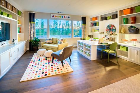 Tv Area For Kids, Playroom With Office Space, Tv Study Room, Rumpus Room Ideas Families, Office With Playroom, Kids Study And Playroom Ideas, Playroom With Piano, Living Room With Study Area, Family Study Room