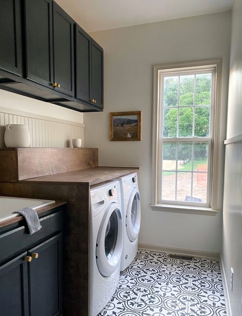 How to Hide Washer and Dryer Hookups - With Love, Yami Blue Beadboard, Dingy Whites, Beadboard Wainscoting, White Laundry Rooms, Laundry Room Renovation, Room Redo, Wood Countertops, Rooms Reveal, Laundry Room Makeover