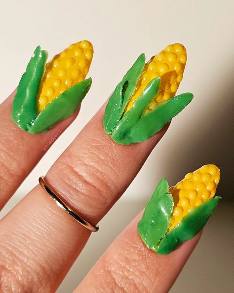 Uñas Cute, Corn Nails, Food Nails, French Alps, Cute Aesthetic, 3d Nail Art, 3d Nails, Almond Nails, Top Coat