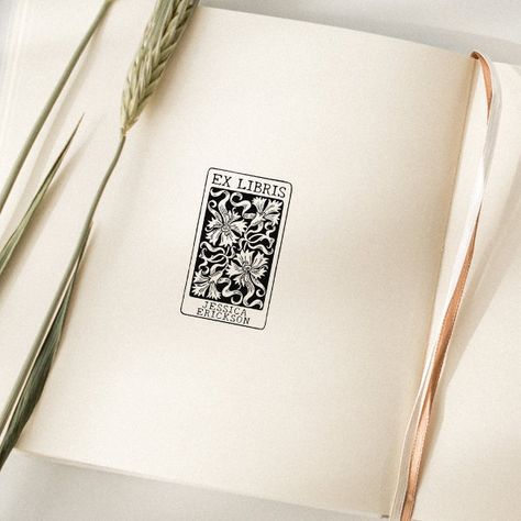 Vintage Flowers Custom Ex Libris Book   Rubber Stamp Ex Libris Linocut, Book Stamp Design Ideas, Ex Libris Design Ideas, Ex Libris Vintage, Puzzle Purse, Ex Libris Stamp, Atelier Cologne, Stamp Ideas, Custom Rubber Stamps