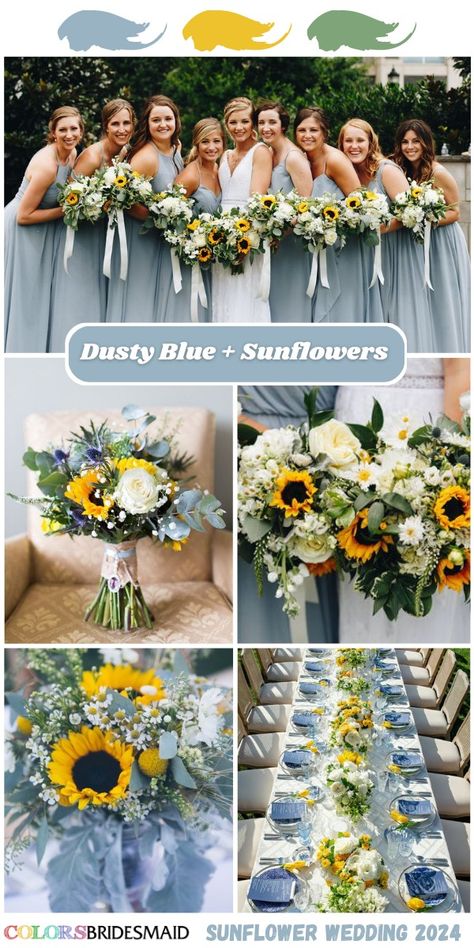 Navy Sage Yellow Wedding, Sunflower Wedding Colors Fall, Navy Blue And Yellow Flower Arrangements, Navy And Sunflowers Wedding, Sunflower And Dusty Blue Bouquet, Sunflower With Blue Flowers, Pale Blue And Sunflower Wedding, Summer Wedding Colors Navy Blue, Sunflowers Wedding Ideas