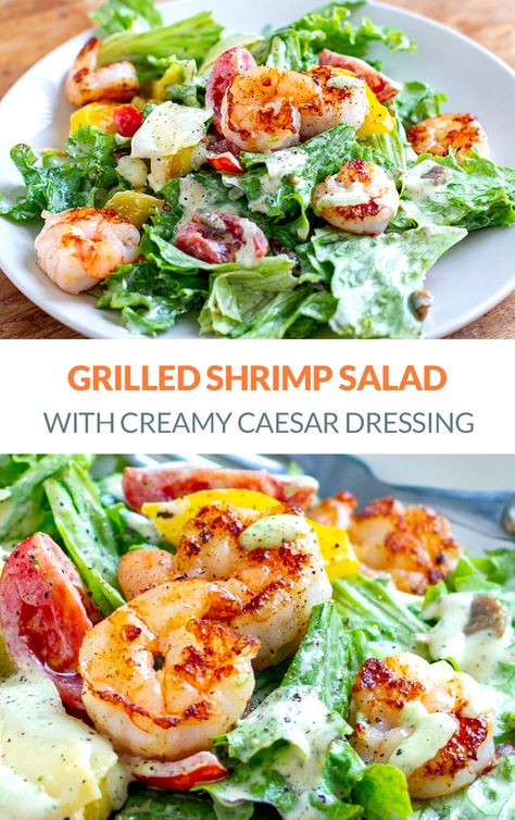 Nutritions and tasty, grilled shrimp Caesar salad is quick and easy to prepare. Featuring crispy lettuce, sweet juicy prawns, salty bacon, peppers, cherry tomatoes and the best, creamy Caesar salad dressing. It's gluten-free, low-carb and keto-friendly, with dairy-free and paleo modifications provided. #caesar #salads #salad #shrimp #shrimprecipes #keto #lowcarb #glutenfree Prawn Caesar Salad, Salad With Creamy Dressing, Creamy Caesar Salad, Shrimp Caesar Salad, Entree Salads, Shrimp Dinners, Caesar Salads, Tuesday Dinner, Grilled Shrimp Salad