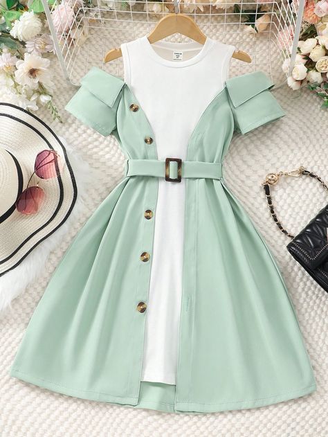 Outfits For Kids 10-12, Korean Cute Dress Outfit, Green Clothes Aesthetic, Simple Short Dress, Simple Dress Casual, Short Green Dress, Cute Dress Outfits, Fashion Drawing Dresses, Trendy Dress Outfits