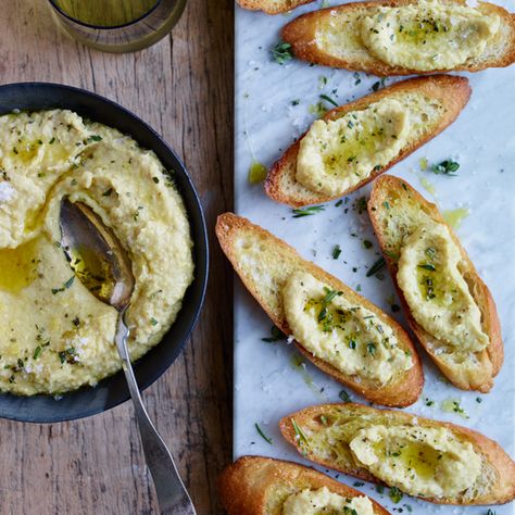 These simple bruschetta are topped with a silky chickpea puree, then finished with a drizzle of olive oil. Creamed Kale, Nancy Silverton, Easy Bruschetta, Crostini Recipes, Bruschetta Recipe, Garlic Bread, Appetizer Snacks, Finger Foods, Wine Recipes