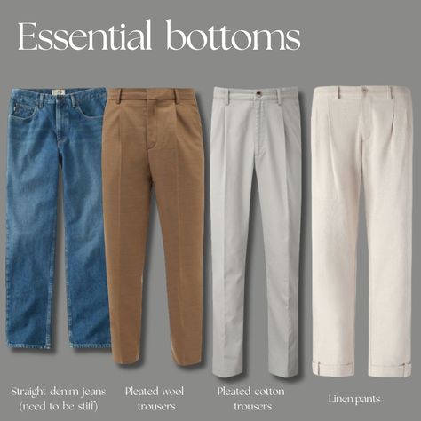 Type Of Pants For Mens, Essential Pants Outfit, Zara Inspired Outfits 2023, Linen Jeans Outfit, Old Money Trousers Outfit, Essential Pants For Men, Mens Tailored Pants, Mens Old Money Capsule Wardrobe, Men Jeans Outfit Classy