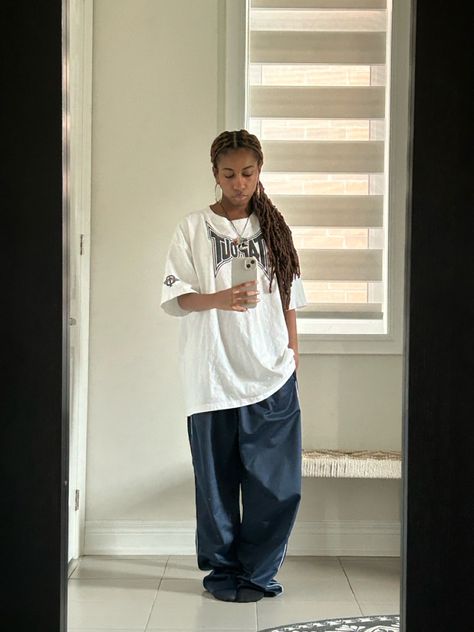 oversized white tee + oversized under armour navy blue track pants Blue Tee Outfit, Navy Blue Track Pants, Blue Track Pants, Chill Outfits, Blue Tee, Tee Outfit, White Tee, Oversized Shirt, Oversized Fits