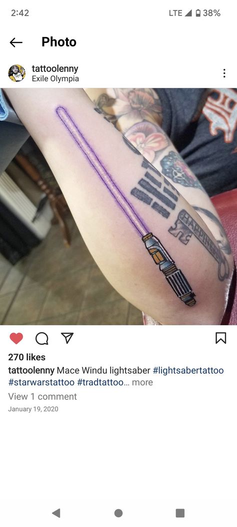 Finger Lightsaber Tattoo, Purple Lightsaber Tattoo, Mace Windu Tattoo, Mace Windu Lightsaber Tattoo, Light Sabors Tattoos, Lightsaber Tattoos, Lightsaber Drawing, Mace Windu Lightsaber, Lightsaber Tattoo