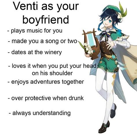 Venti As Your Boyfriend, Venti Boyfriend, Venti Headcanons, Genshin Headcanons, Boyfriend Anime, Genshin Men, Anemo Boys, As Your Boyfriend, Types Of Boyfriends