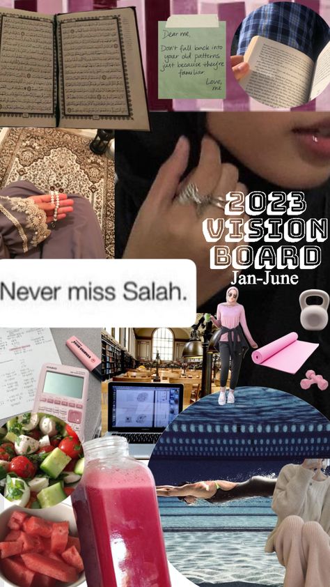 January-June 2023 Vision Board #2023 #visionboad #2023visionboard #visionboard2023 #muslimgirl #hijabi #muslim #pinkpilatesprincess #pink #pilates #fitness #swimming #health Muslim Vision Board Aesthetic, Hijabi Vision Board, Muslimah Vision Board, Ramadan Vision Board, Pink Muslim Aesthetic, Islam Vision Board, Vision Board Islam, Islamic Vision Board, Muslim Vision Board