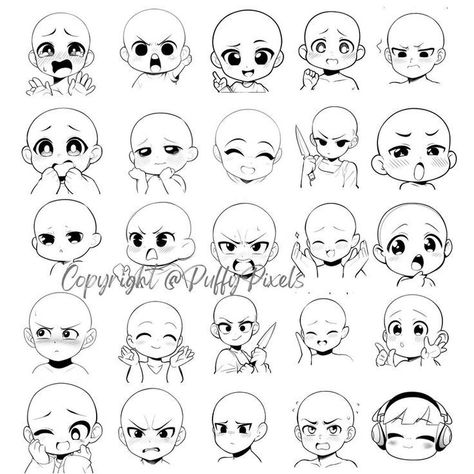 Emote Base Drawing, Emote Base Free, Chibi Twitch Emotes, Chibi Faces Expressions, Chibi Emotes Base, Chibi Face Base, Chibi Character Poses, Semi Chibi Art Style, Chibi Hair Reference