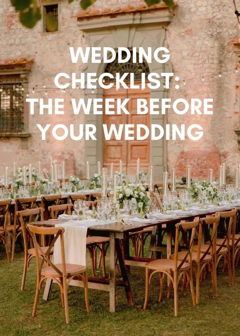 This week before your wedding checklist is a must-read for brides. It's filled with helpful hints & tips by top wedding planners! Day Before Wedding Checklist, Week Of Wedding Checklist, One Week Before Wedding, Wedding Week Checklist, Week Of Wedding To Do List, Month Before Wedding Checklist, Week Before Wedding Checklist, Wedding Day Checklist For Bride, Wedding Day Of Checklist