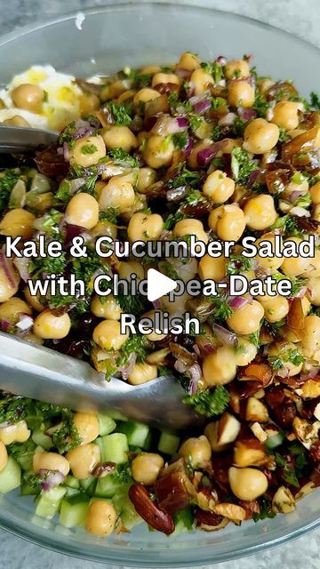 Caitlin Latessa-Greene on Instagram: "KALE & CUCUMBER SALAD WITH CHICKPEA-DATE RELISH! Legit so freaking delish. The ricotta is *key—adds a creaminess that is unmatched*
•
For the almonds:
1/2 cup almonds
1-2 tsp olive oil 
1 tbsp honey
1/4 tap salt
1 tbsp Italian seasoning 
•
For the chickpeas and dates:
1 15-oz can chickpeas, rinsed and drained 
1/2 cup finely chopped red onion
2/3 cup chopped dates
1/2 cup chopped fresh parsley
1 tbsp lemon zest
Juice from one lemon 
1/2 tsp salt
1/4 tsp pepper 
6-8 tbsp olive oil 
•
For the salad:
1 large head kale, finely chopped (5-6 cups)
Olive oil 
Salt
4 cups finely chopped mini cucumber
1 cup ricotta cheese 
•
1️⃣Preheat the oven to 400. Line a sheet pan with parchment paper and set aside. 
Add the almonds to the sheet pan, then drizzle with the Kale Cucumber Salad, Kale And Cucumber Salad, Chickpea Kale Salad, Cucmber Salad, Gerd Recipes, How To Cook Kale, Make Ahead Salads, Kale Salad Recipes, Fine Cooking