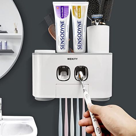 Amazon.com: Toothbrush Holder Wall Mounted, WEKITY Multi-Functional Toothbrush and Toothpaste Dispenser for Bathroom, with 5 Toothbrush Slots, 2 Toothpaste Squeezers and 4 Cups(Grey) : Home & Kitchen Automatic Toothbrush, Toothbrush And Toothpaste, Kids Toothpaste, Toothbrush Holder Wall, Toothbrush And Toothpaste Holder, Sikat Gigi, Toothpaste Squeezer, Toothbrush Storage, Toothpaste Holder