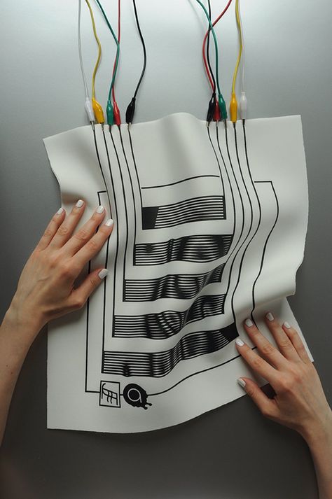 liquid MIDI: paper goes electronic to create unique controls and sounds Interaktives Design, Smart Textiles, E Textiles, Smart Materials, Sound Art, Technology Fashion, Wearable Tech, Technology Design, Tech Fashion