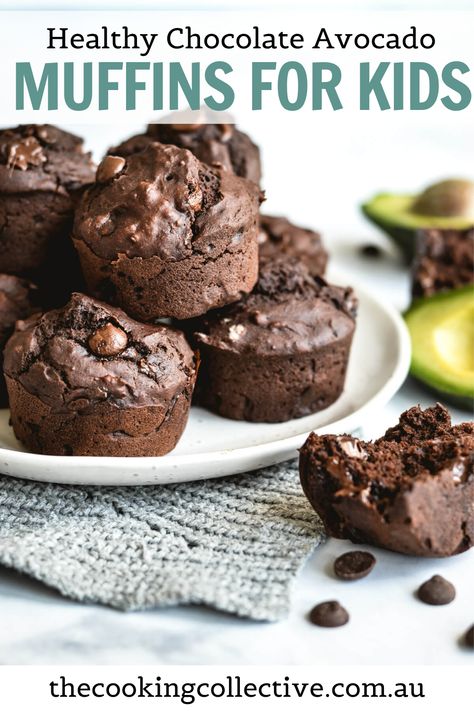 Chocolate Avocado Muffins, Muffins For Kids, Healthy Muffins For Kids, Healthy Chocolate Muffins, Avocado Muffins, Chocolate Chip Muffin, Chocolate Avocado, Lunchbox Treats, Healthy Chocolate Chip