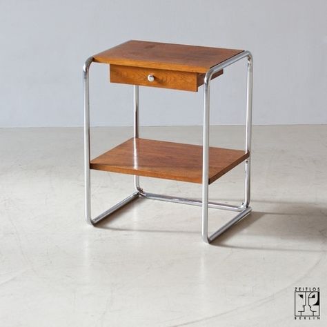 T29 Bedside Table, Manufactured by Thonet, 1935. Chrome-plated tubular steel, veneered blockboard.  (From http://www.zeitlosberlin.com/details/r3460-bauhaus-bedside-by-thonet/?style=1&cHash=23518a14d39e62c105b1675201becaa3) Bauhaus Furniture, Tubular Steel, Sideboard Cabinet, Chrome Plating, Bedside Table, Furniture Design, Berlin, Side Table, Woodworking