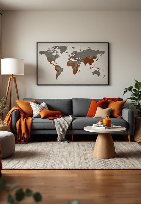 Grey Couch Living Room Light Grey And Orange Living Room, Grey Couch Decor Ideas, Grey And Burnt Orange Living Room, Grey And Orange Living Room, Couch With Cushions, Couch Decor Ideas, Charcoal Couch, Grey Couch Decor, Grey Couch Living Room Ideas