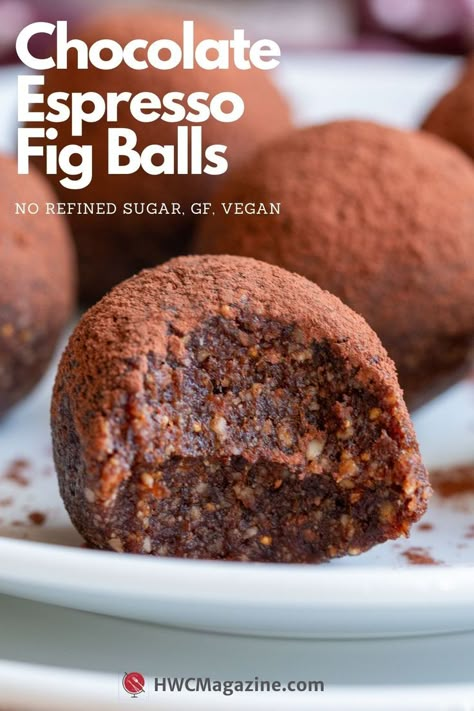 Chocolate Espresso Fig Balls - Healthy World Cuisine Fig Balls, Dried Fig Recipes, Healthy No Bake, High Protein Desserts, Fig Recipes, Protein Desserts, Chocolate Espresso, Bake Dessert, Dried Figs