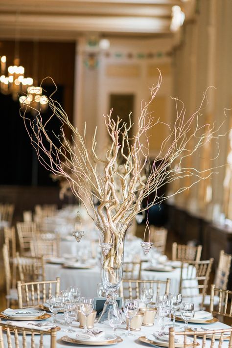 Dipped In Gold Gold Branches Wedding Decor, Gold Branches Centerpiece, Gold Branch Centerpiece, White And Gold Winter Wedding, Gold Tree Branch Centerpiece, Branches Wedding Decor, Wedding Centerpieces Ideas, Tree Branch Centerpieces, Tree Wedding Centerpieces