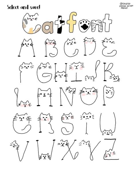 Thank you for 400 followers! Hope you like the stickers :D Animal Fonts Alphabet, Cat Alphabet Letters, Cat Letters, Cat Font, Cat Alphabet, Hand Lettering Alphabet Fonts, Cat Cartoons, Decorated Letters, Lettering Styles Alphabet