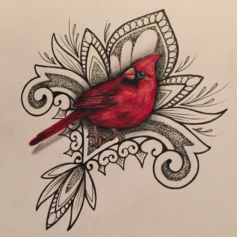 Tattoo flash design by Coppertop Arts (Whitney Thompson). Cardinal bird and mandala design Cardinal Mandala Tattoo, Bird And Mandala Tattoo, Cardnial Tattoo, Cardinal Tattoo Design, Cardinal Bird Tattoos, Red Cardinal Tattoos, Whitney Thompson, Nana Tattoo, Cardinal Birds Art