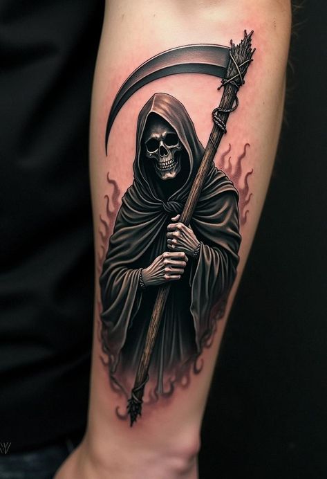 grim reaper tattoos Reaper Back Tattoo, Gream Reaper Tattoo, Female Grim Reaper Tattoo, Traditional Reaper Tattoo, Traditional Grim Reaper Tattoo, Grim Reaper Tattoo Designs, Reaper Tattoo Designs, Evil Tattoo Ideas, Grim Reaper Tattoos