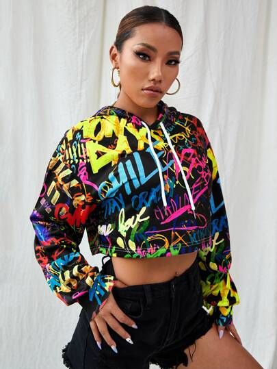 Graffiti Clothing, Drop Shoulder Hoodie, Trendy Hoodies, Women Sweatshirts, Graffiti Prints, Crop Hoodie, Drawstring Hoodie, Winter Wear, Cropped Hoodie