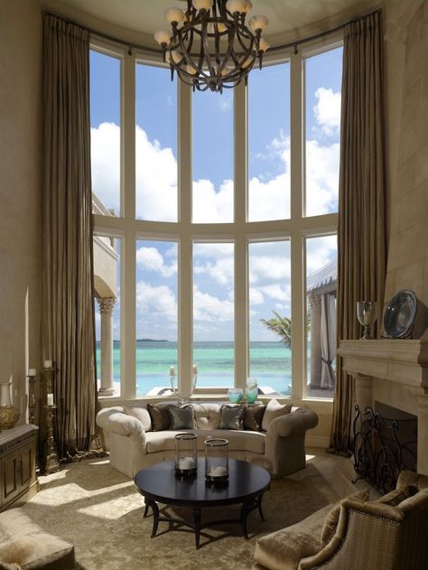 Curved Couch, Couches Living, Sunrooms, Coastal Living Room, Beautiful Living Rooms, A Living Room, Couches Living Room, Large Windows, Beautiful Interiors