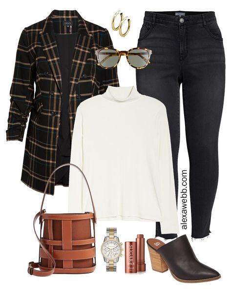 Plus Size Plaid Blazer Outfit - Plus Size Fall Fashion - #plussize #alexawebb Plus Size Blazer Outfits, Plus Size Herbst, Work Blazer Outfit, Black Plaid Blazer, Chunky Mules, Plaid Blazer Outfit, Fall Fashion Jeans, Work Outfits Frauen, How To Wear Blazers