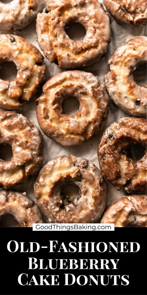 Old Fashioned Cake Donuts Recipe Baked, Old Fashion Cake Donut Recipe, Glazed Blueberry Donut, Blueberry Old Fashion Donut, Homemade Blueberry Cake Donuts Recipe, Blueberry Doughnuts Baked, Glazed Cake Donut Recipe, Old Fashion Sour Cream Donuts Recipe, Blueberry Strawberry Recipes