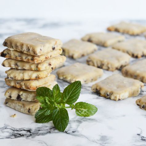 Mint Chocolate Chip Shortbread Cookies, Fresh Mint Cookies, Fresh Mint Desserts, Fresh Mint Recipes Dessert, Mint Baking, Mint Recipes Dessert, Chocolate Chip Shortbread, Mint Desserts, Mint Choco